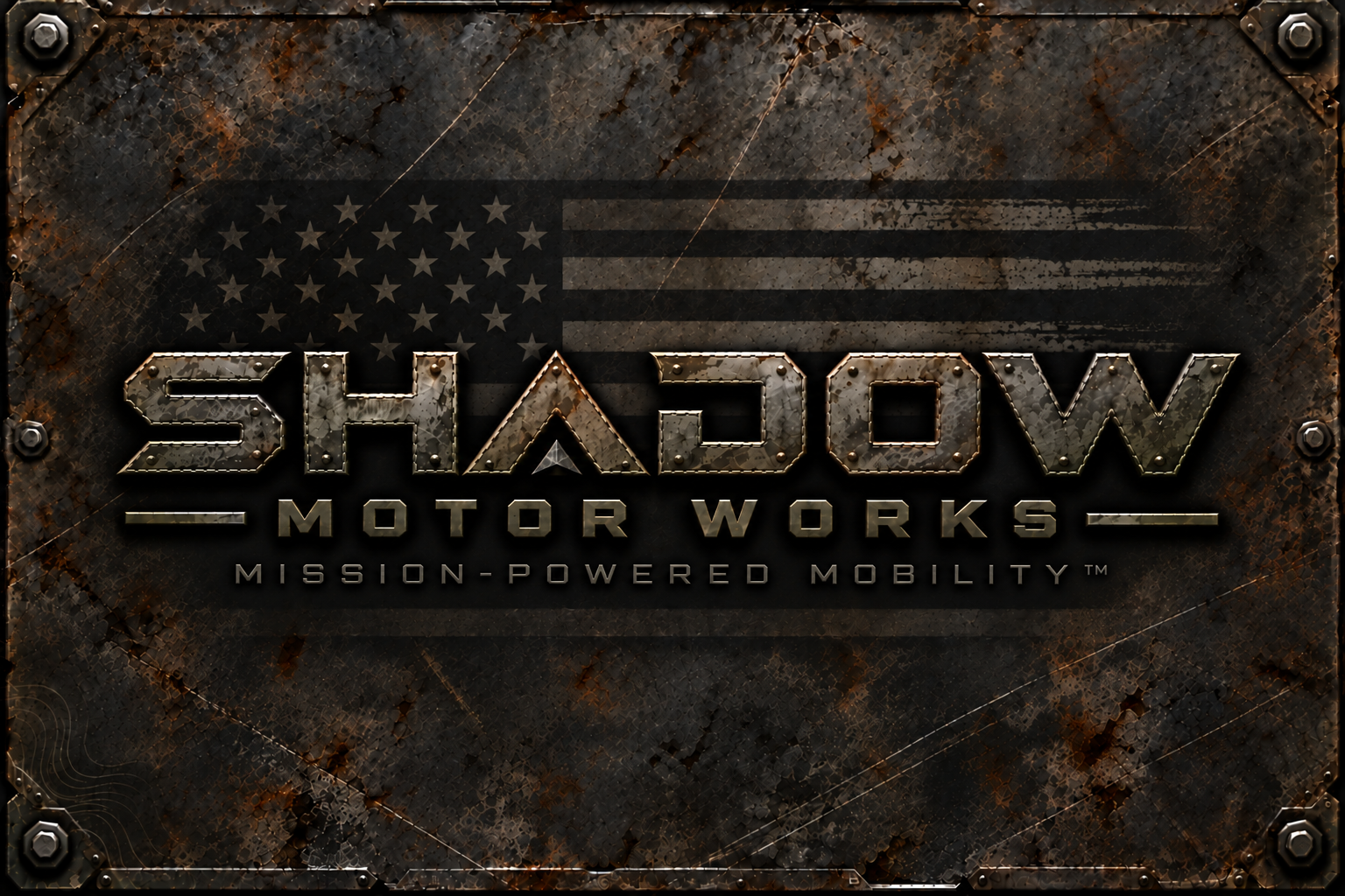 Shadow Motor Works steel logo with subdued American flag and Mission-Powered Mobility tagline